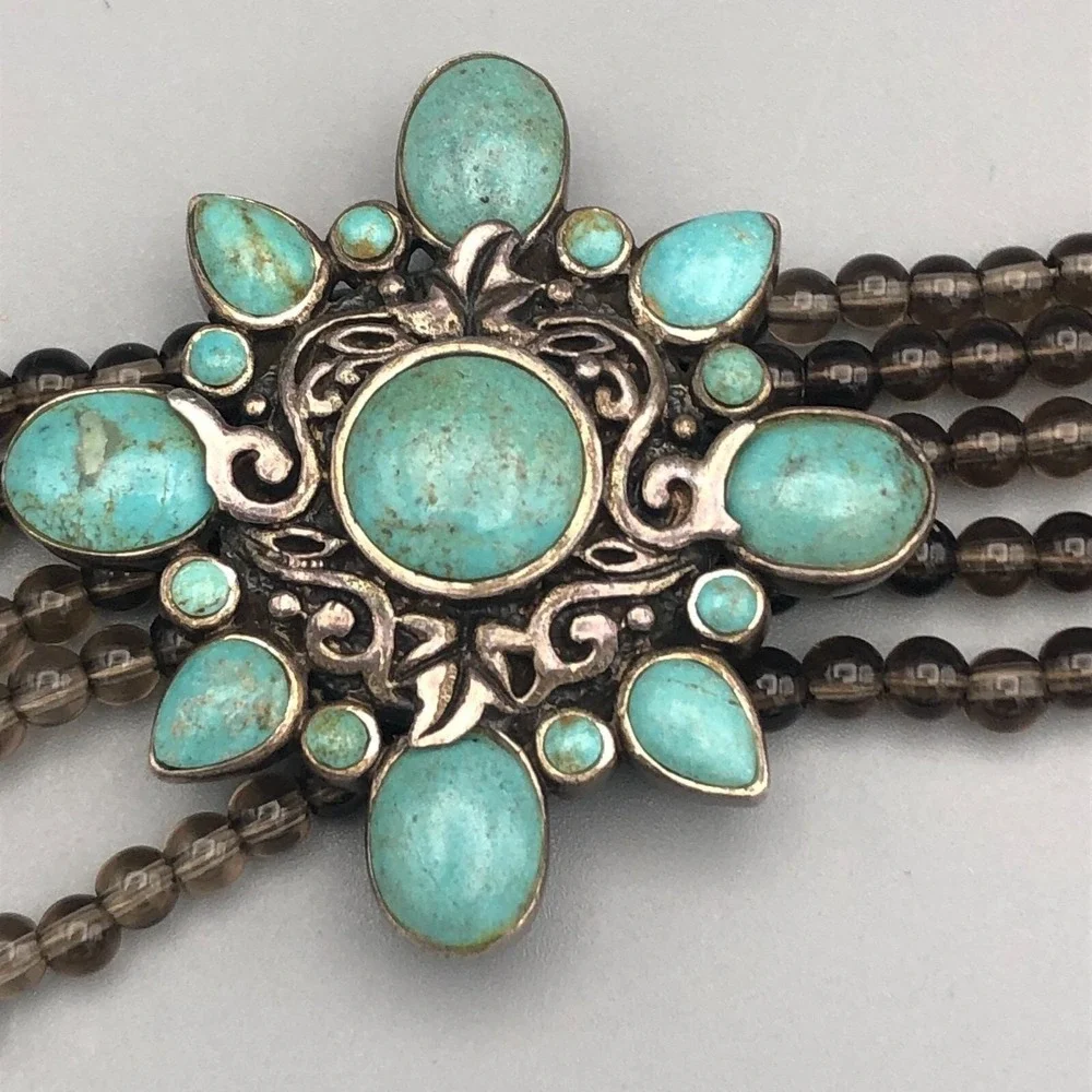 Barse Sterling Silver Turquoise Bracelet Beaded Smoky Quartz 7.5